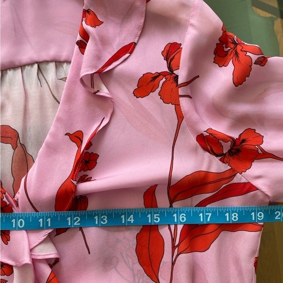 Parker Pink Red Floral Print Silk Blend Pasha Ruffle Wrap Blouse - Picture 12 of 16